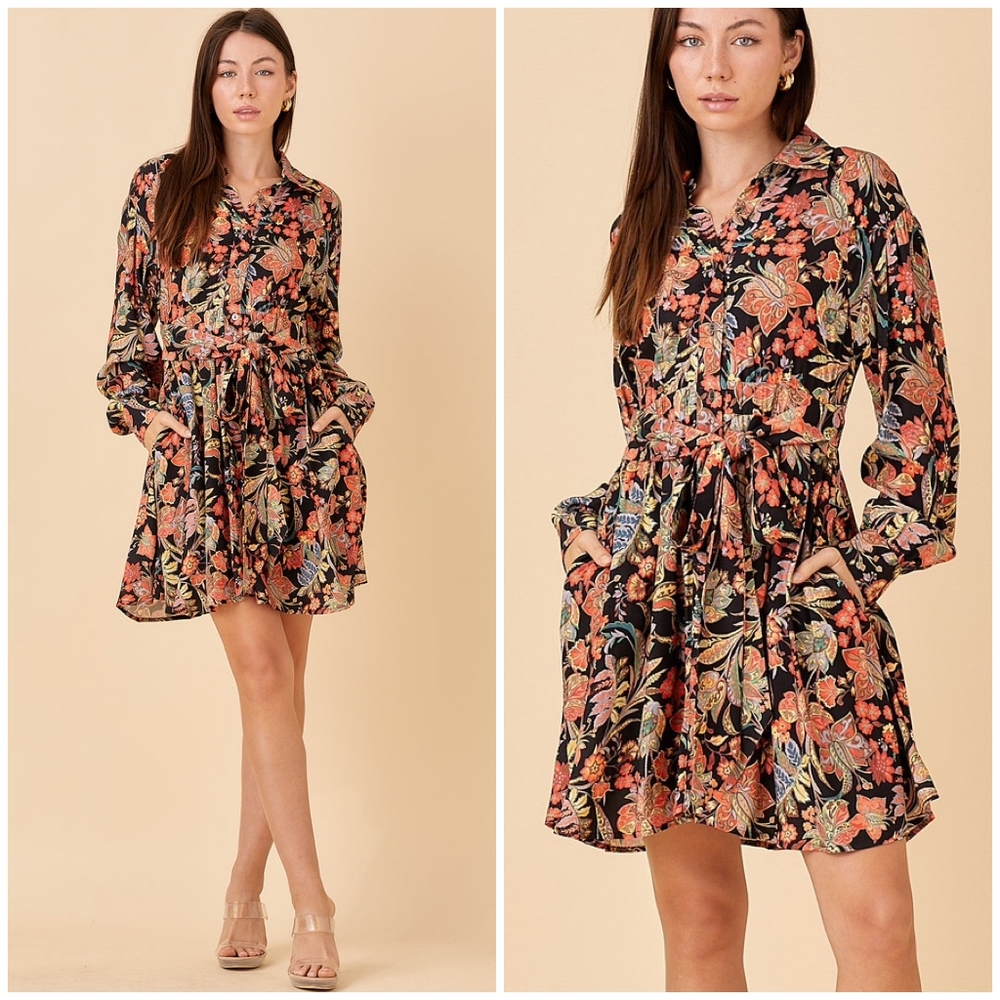 FEW LEFT❗️POLAGRAM Black Floral Long Sleeves Short Dress - Picture 3 of 8